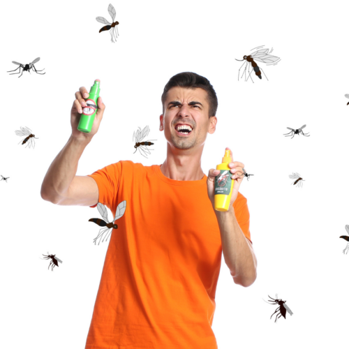 man spraying repellent chaotically at mosquitoes