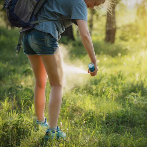 woman spraying mosquito repellent on her legs while hiking picture for blog What Is The Most Effective Natural Mosquito Repellent?