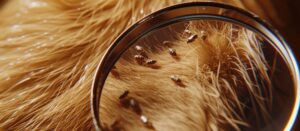 Close up of magnifying glass focusing on fleas on dog fur