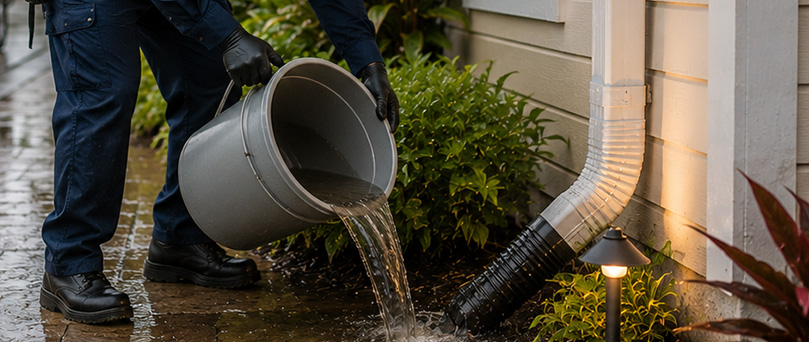 Person using bucket to redirect water from a building next to an overflowing gutter