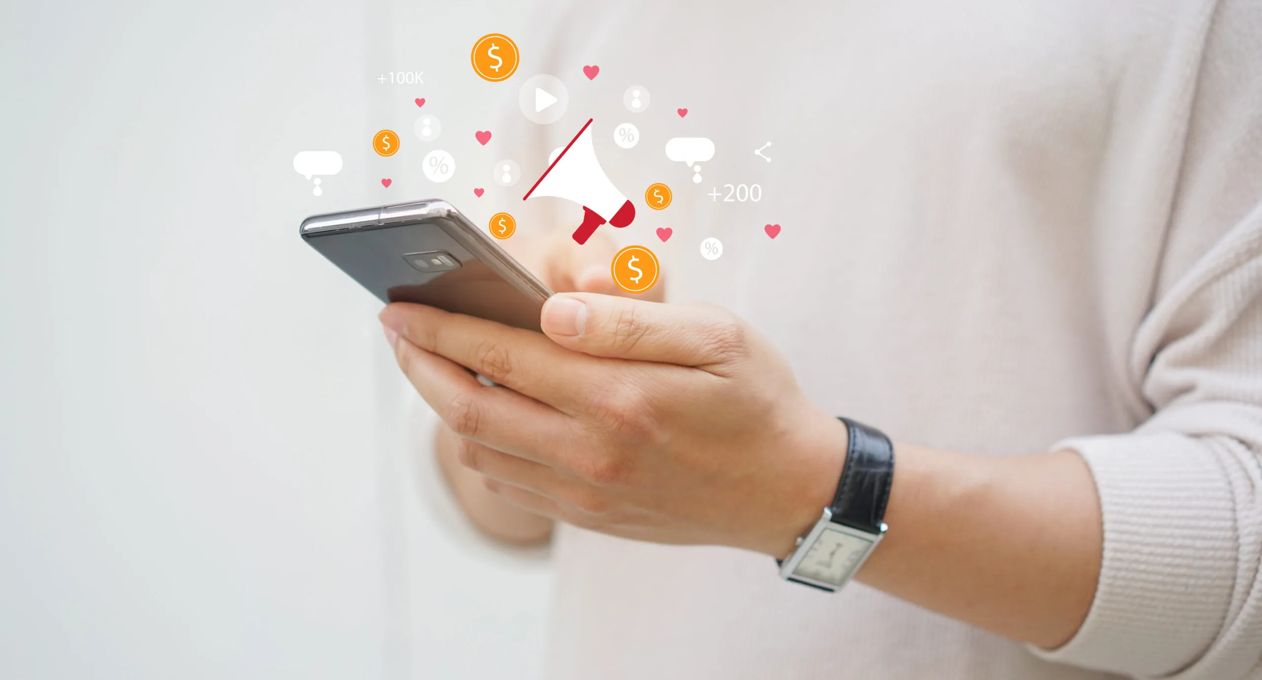 close up adult man hand hold smartphone to use affiliated marketing on web with virtual icon to announce campaign and promotion to social media network for referral partner program concept corporate offers and sponsorship photo