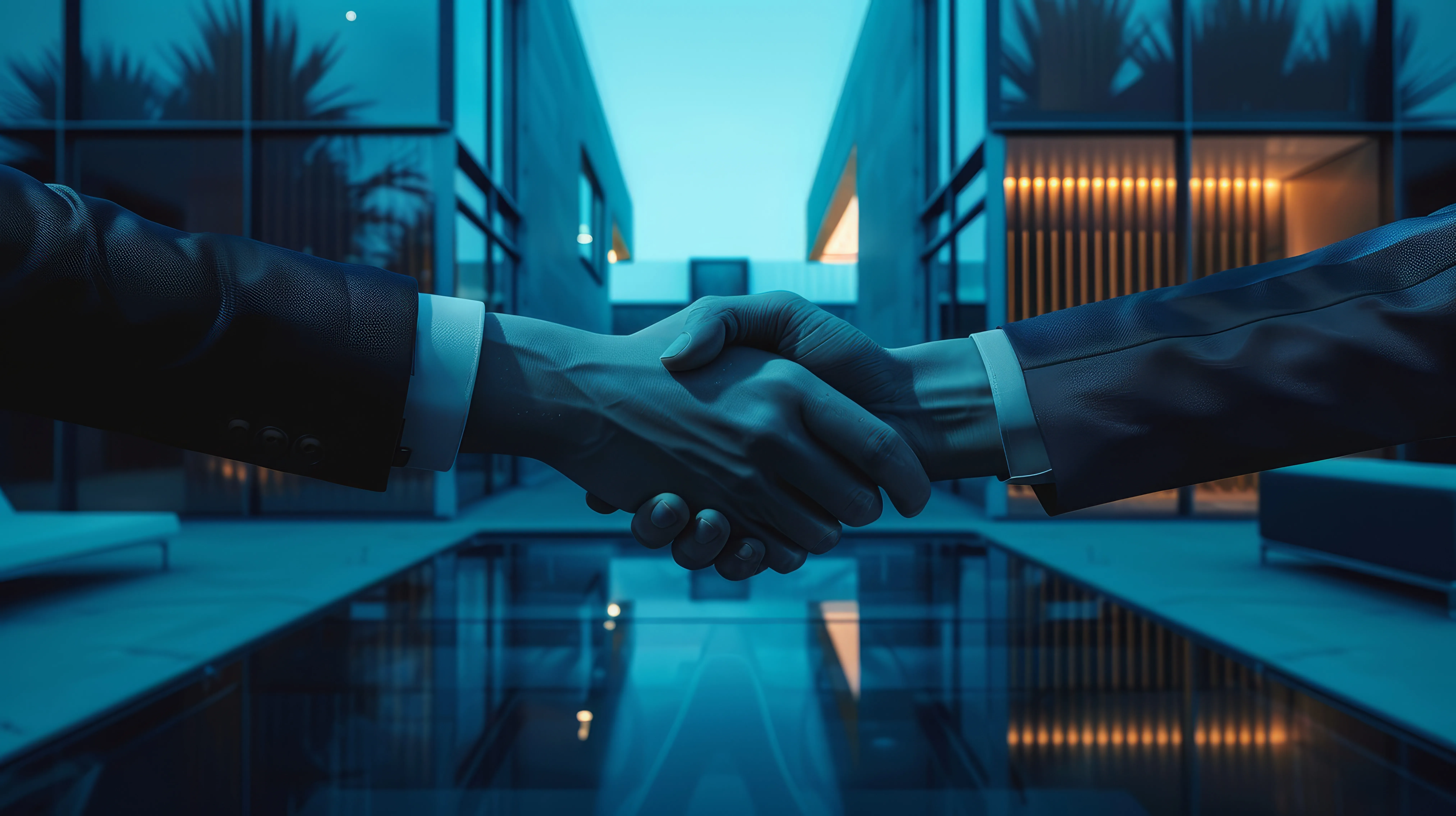 Business Partnership Handshake at Luxurious Residence - Two businessmen shaking hands in front of a luxurious modern residence. Business Partnership