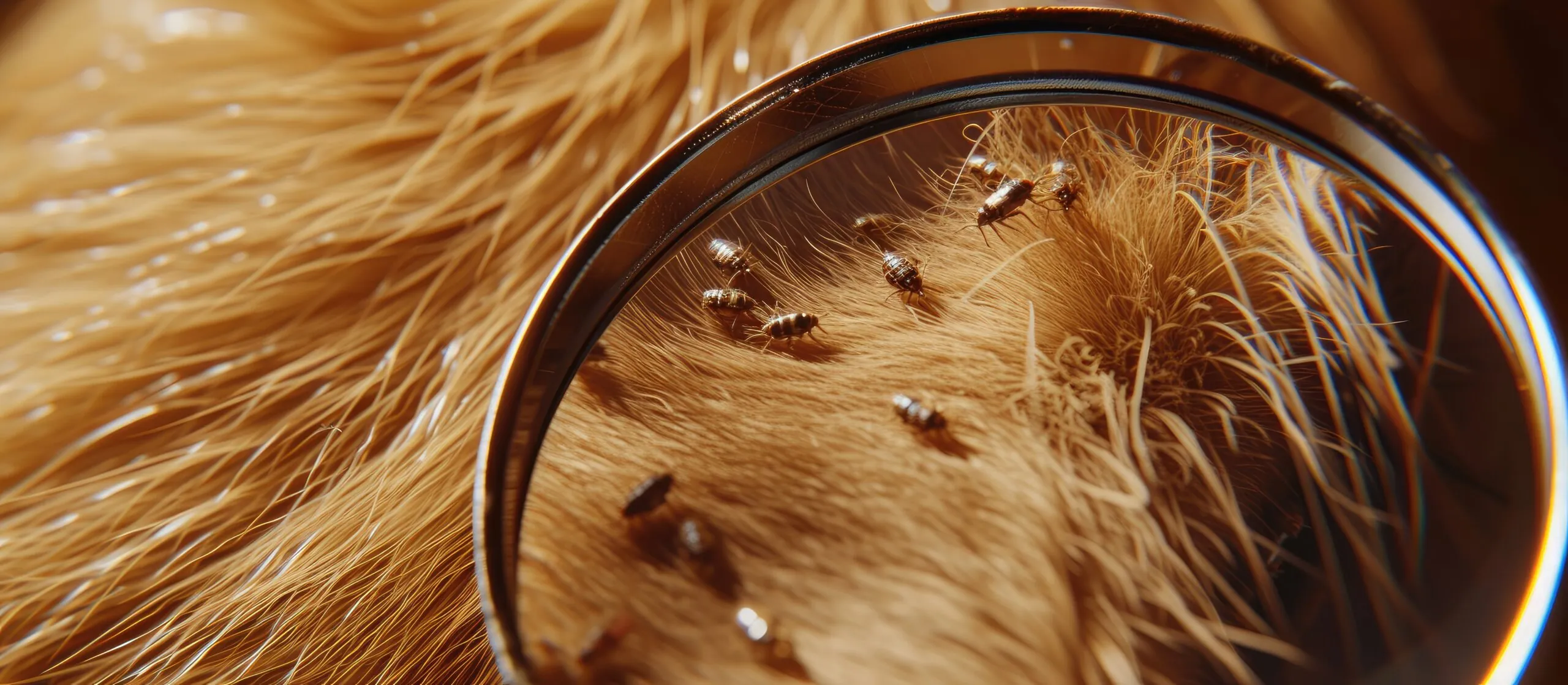 Close up of magnifying glass focusing on fleas on dog fur