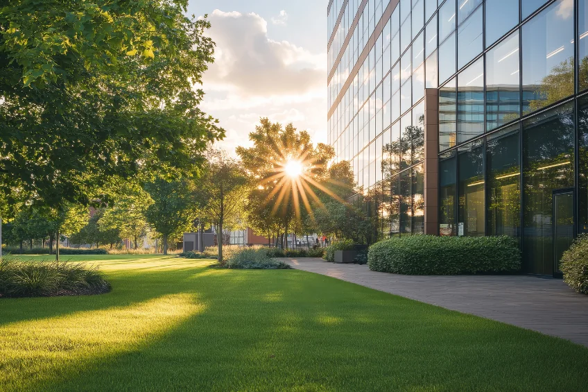 sun shining through trees on office lawn and shrubs
